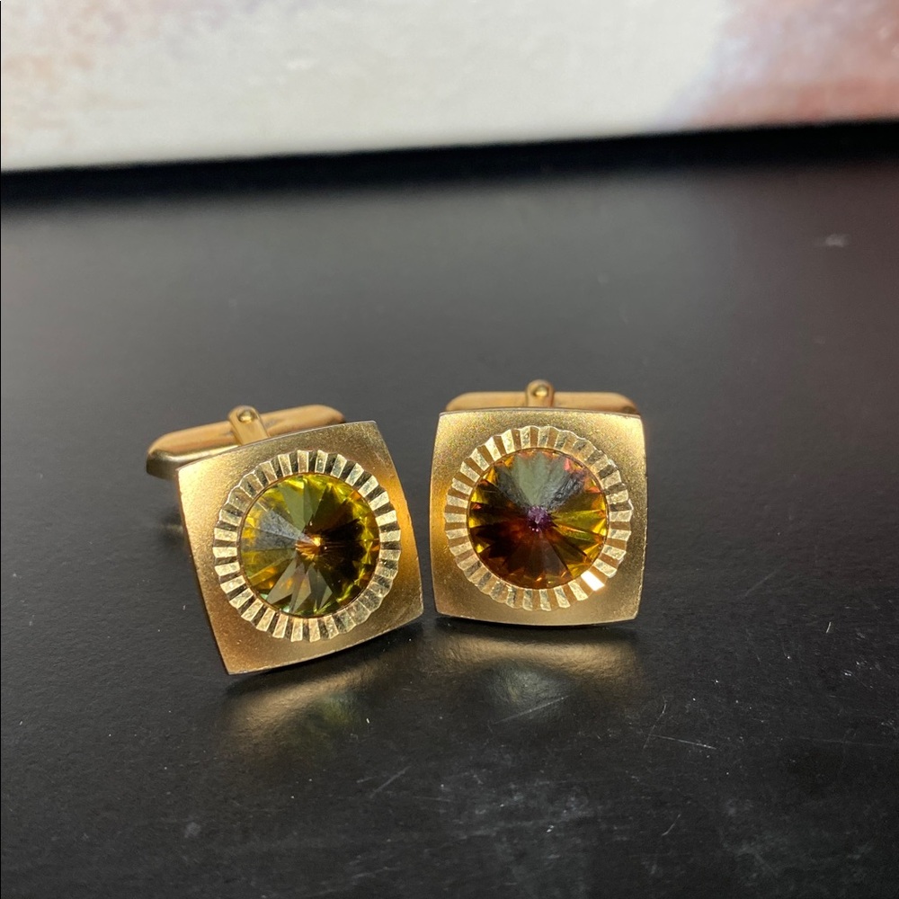 3📚/$25 -1980's Rivoli Crystal Cuff Links Amber Rivoli Rhinestone